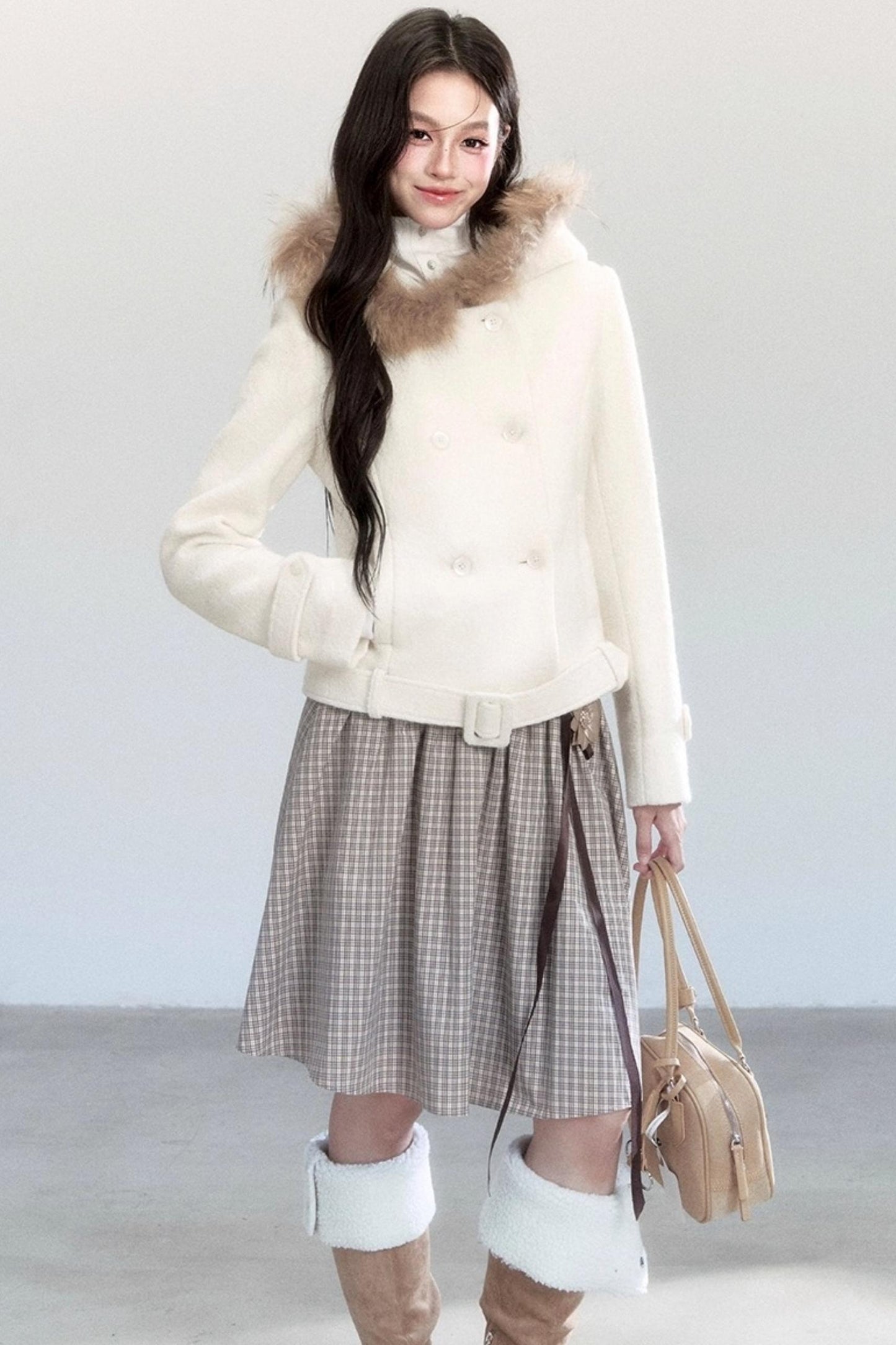 Fur Collar Slim Tweed Coat