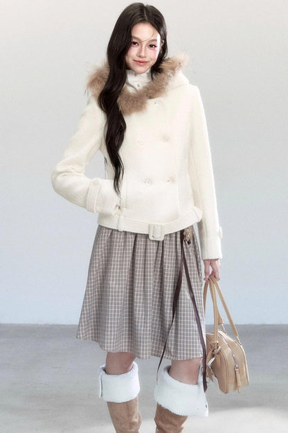 Fur Collar Slim Tweed Coat