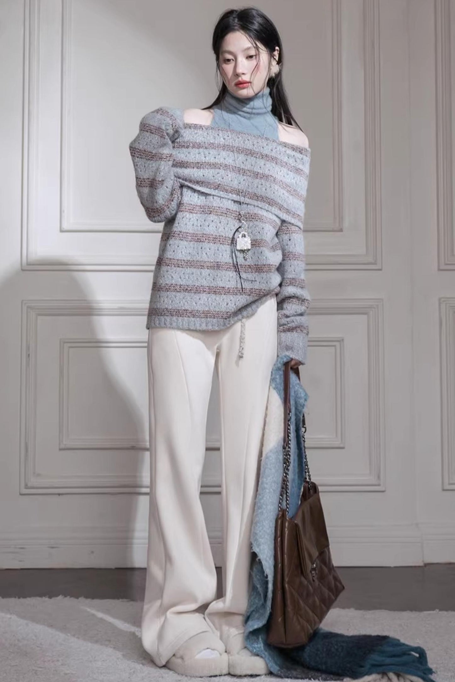 Off-Shoulder Striped Knit Vest Set