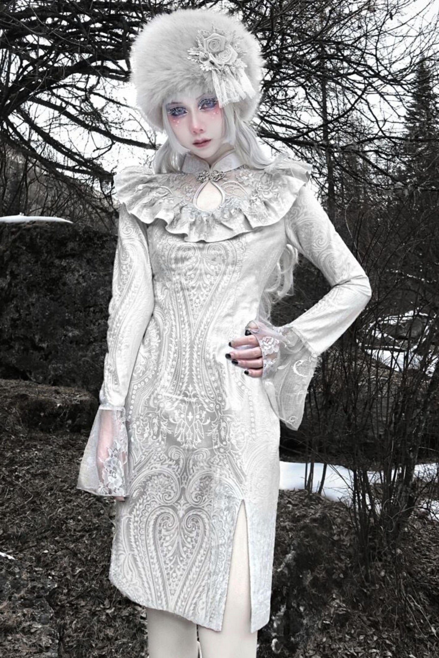 White Gothic Lace Slit Dress