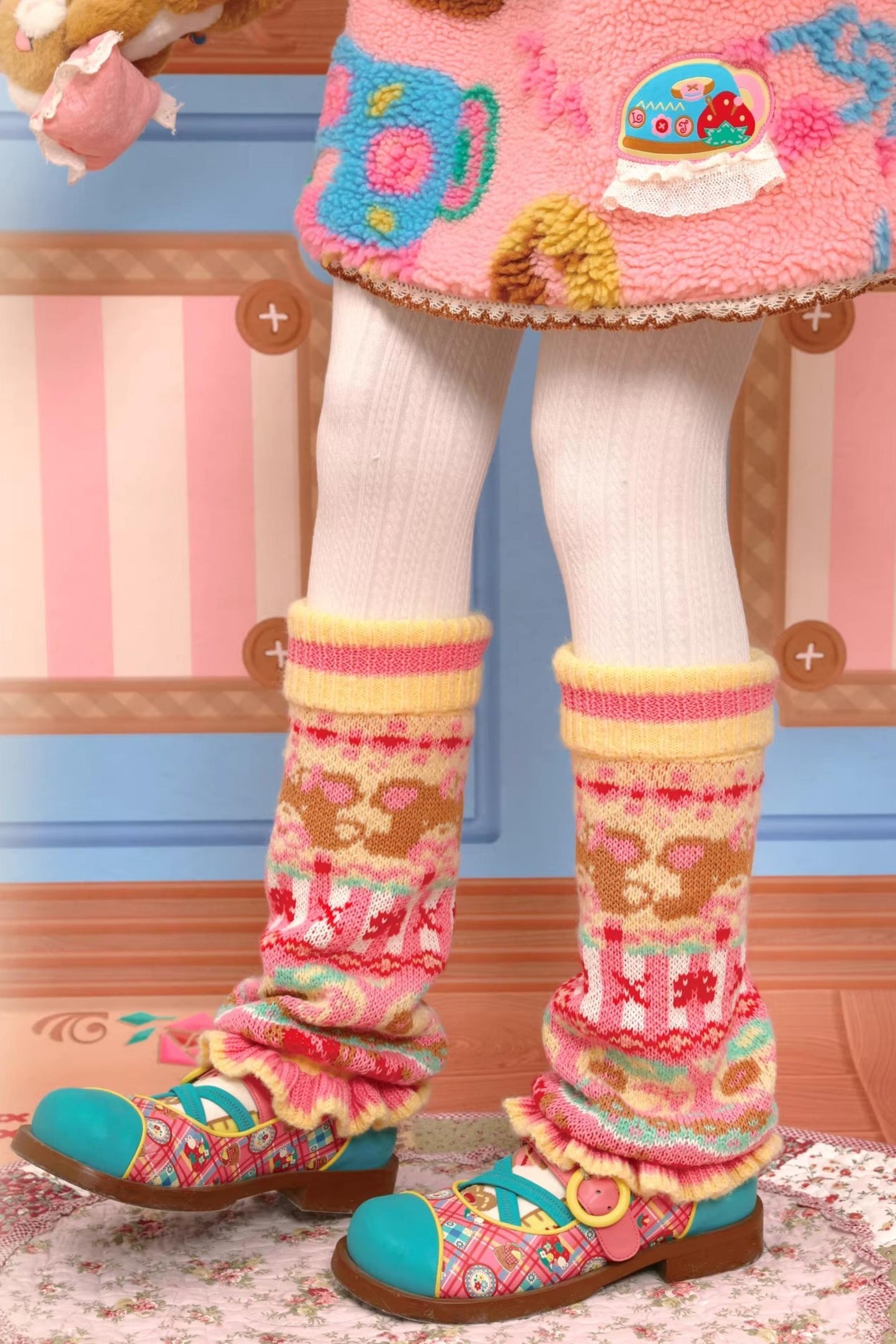 Yellow-Pink Lace Knit Warmers