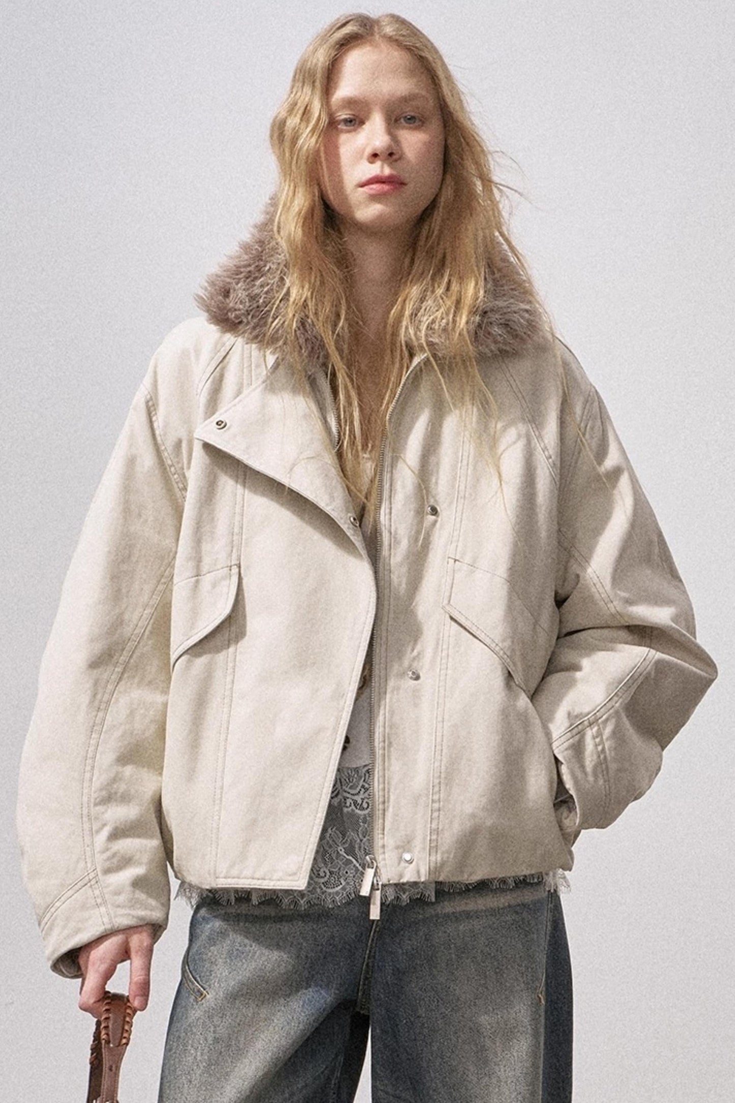 Curved Sleeve Fur Collar Jacket