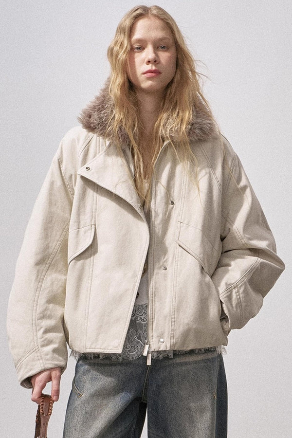 Curved Sleeve Fur Collar Jacket