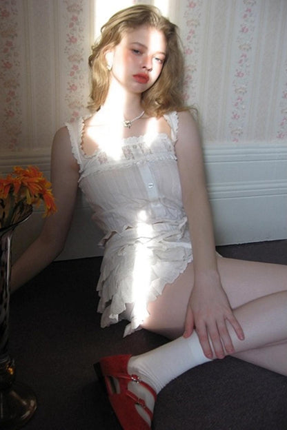 Square-Neck Vest Cropped A-Line Puffed Skirt Set-Up