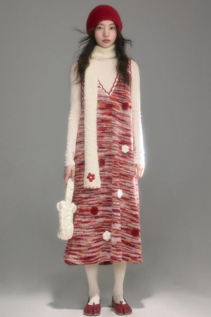 Red Vintage Crochet V-Neck Vest Dress