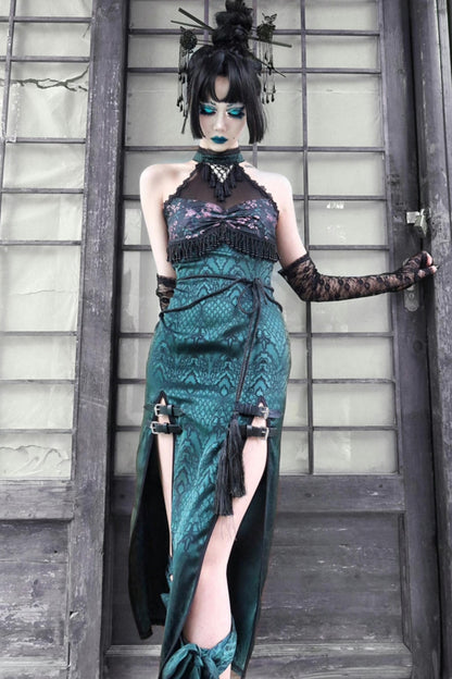 Gothic Mesh Slit Cheongsam Dress Set-Up