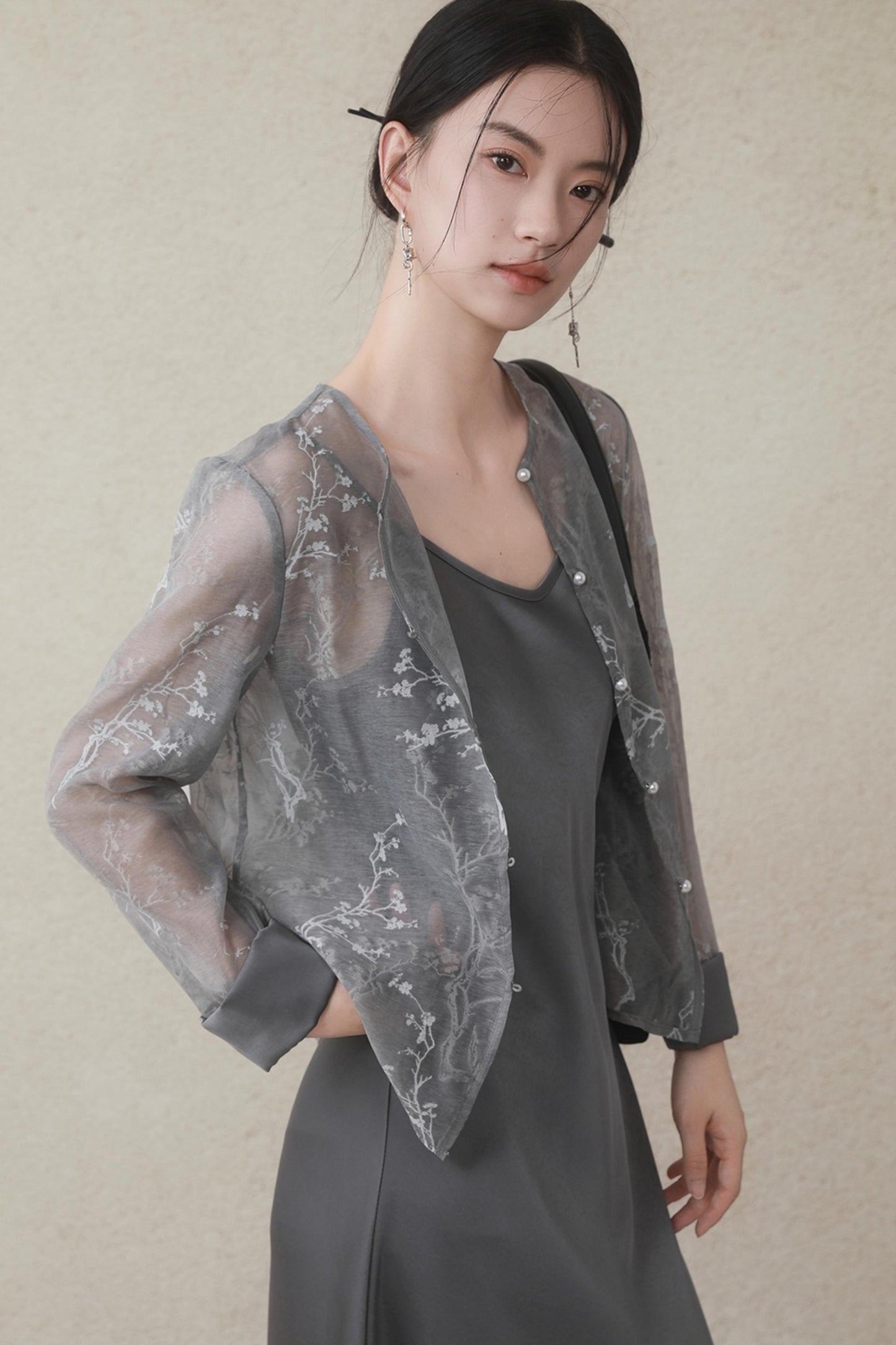 Plum Blossom Cardigan & Satin Dress Set