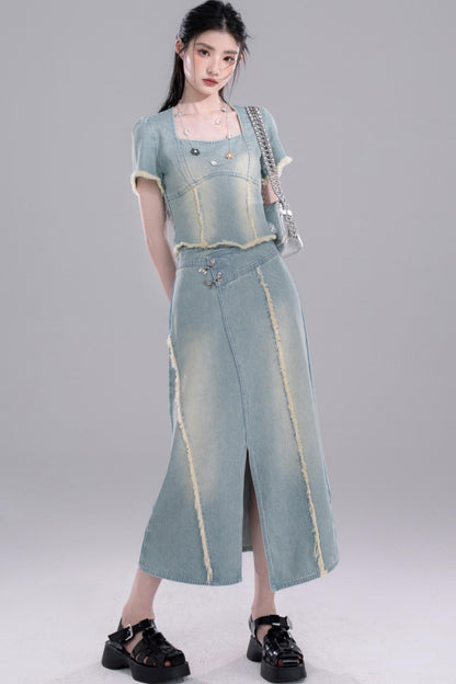 Cold Slit Blue Skirt Set-Up