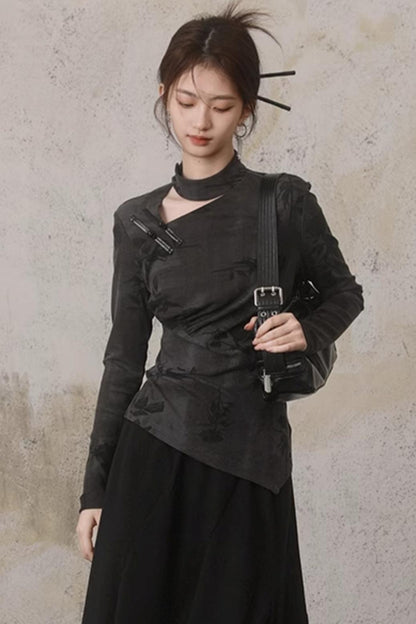 Hollow Design Long-Sleeved Chinese Top