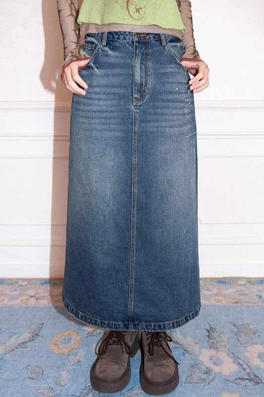 Retro Washed Denim Skirt