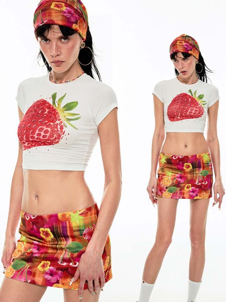 Summer Fruit Printed Tight Fit Short T-Shirt