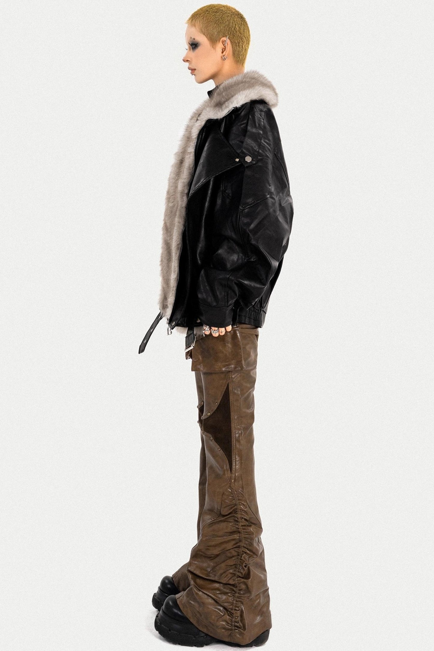 Thickened Pu Leather Fur Collar Jacket