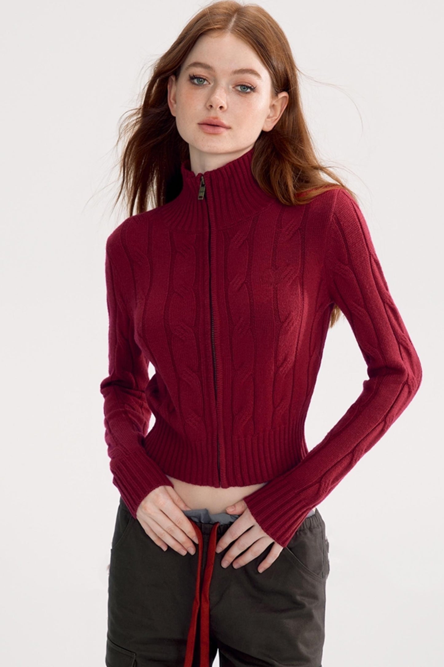 Stand Collar Cable Zip-up Knit Sweater