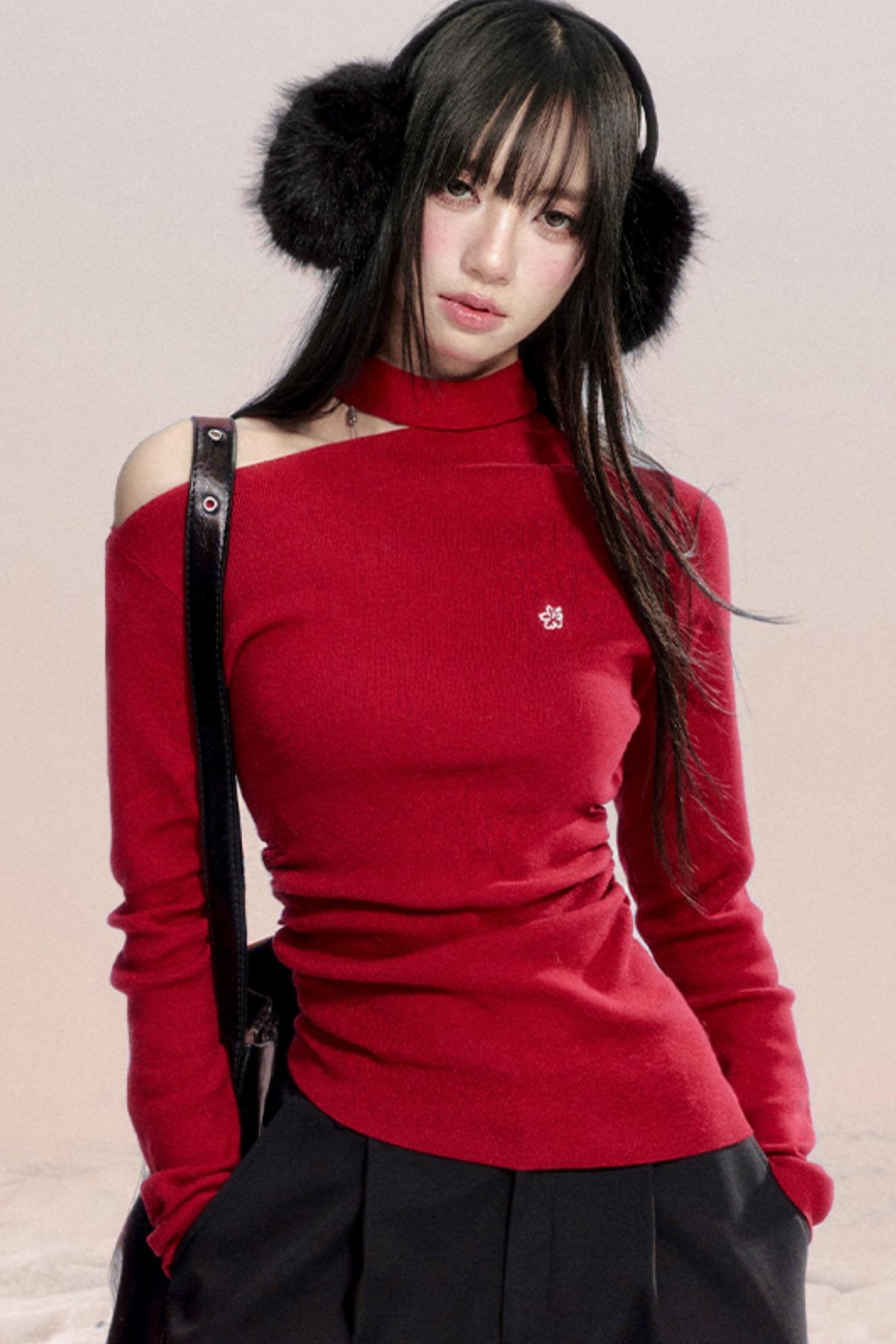 Red Off-Shoulder Knit Top