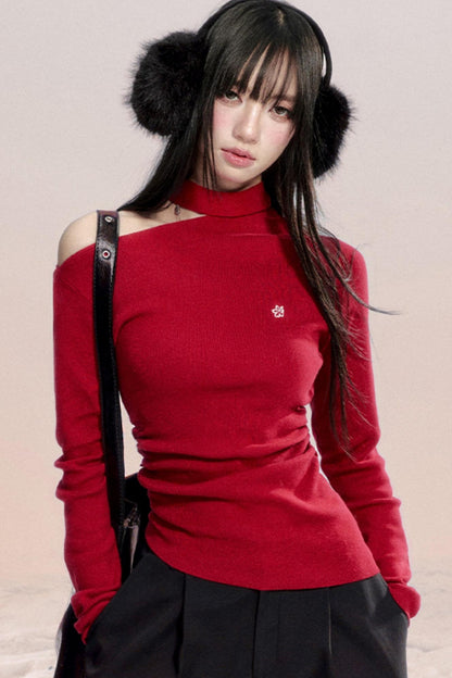 Red Off-Shoulder Knit Top