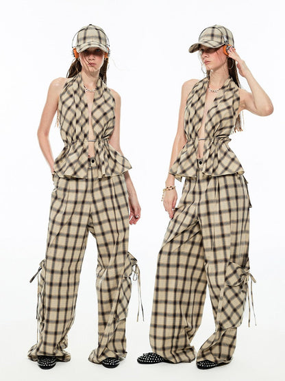 Gradient Plaid Pattern Wide Leg Cargo Pants