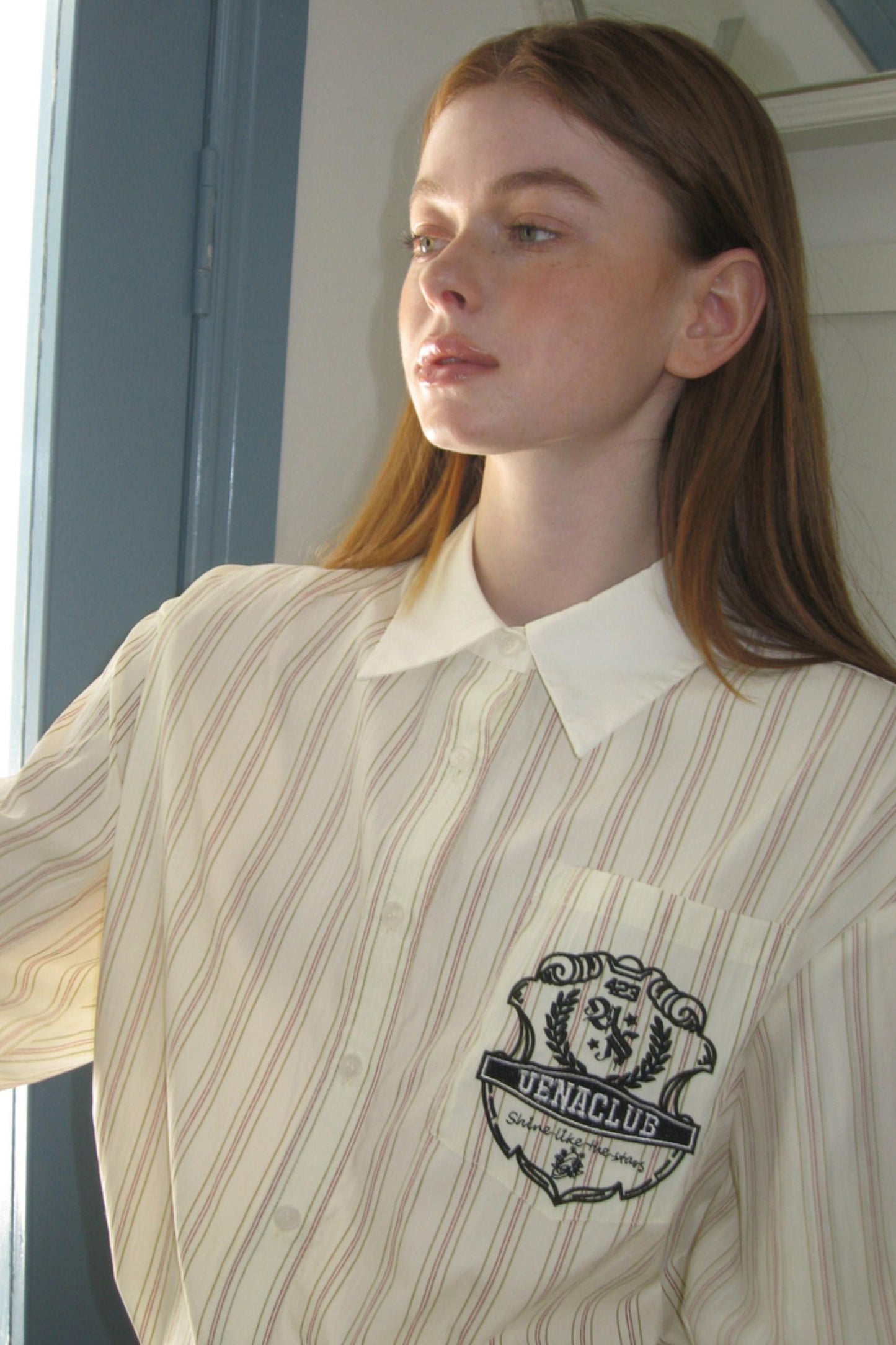 Beige Striped Embroidered Shirt