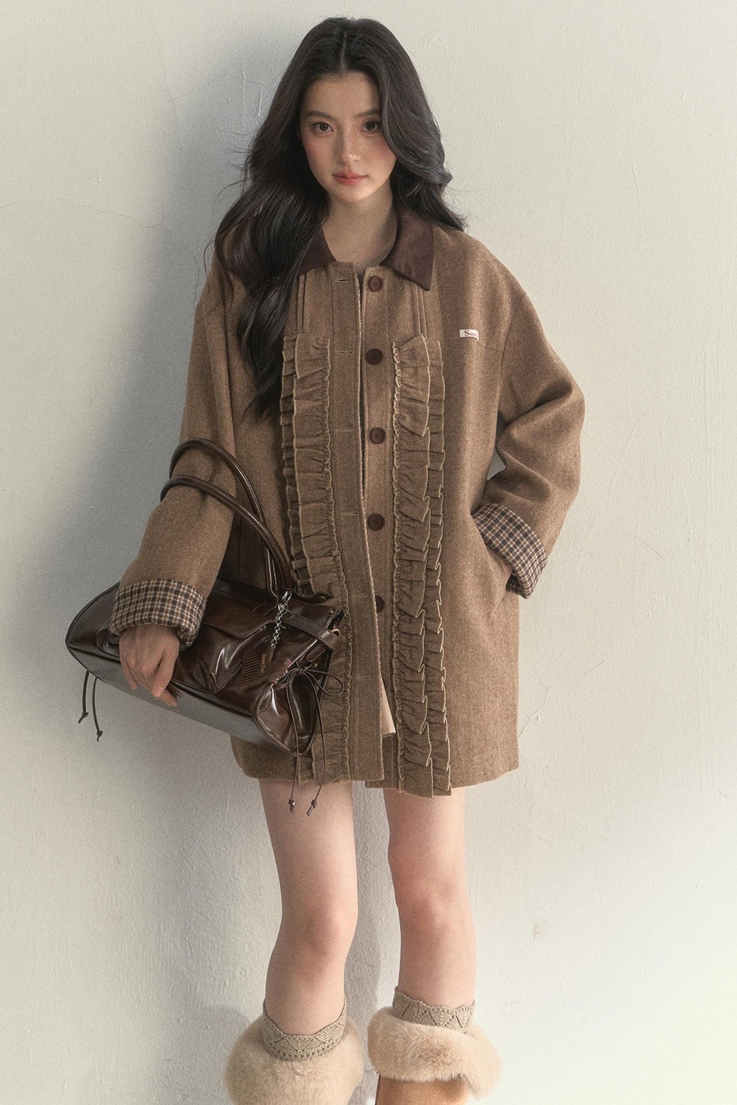 Vintage Khaki Houndstooth Wool Coat
