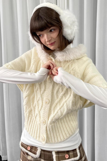 Off-White Fur Collar Knit Sweater Jacket