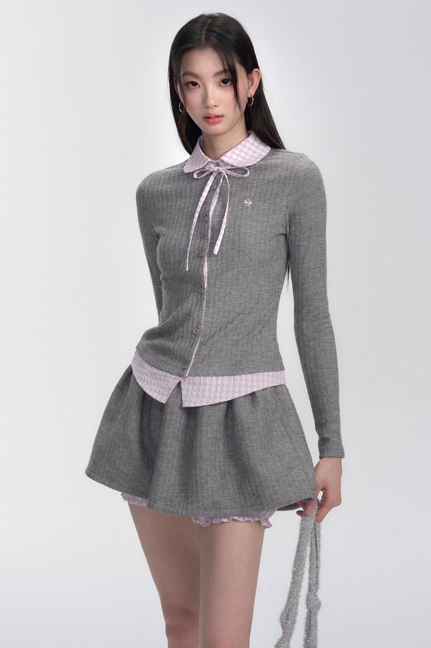 Pink-Gray Check Knit Top Set-Up