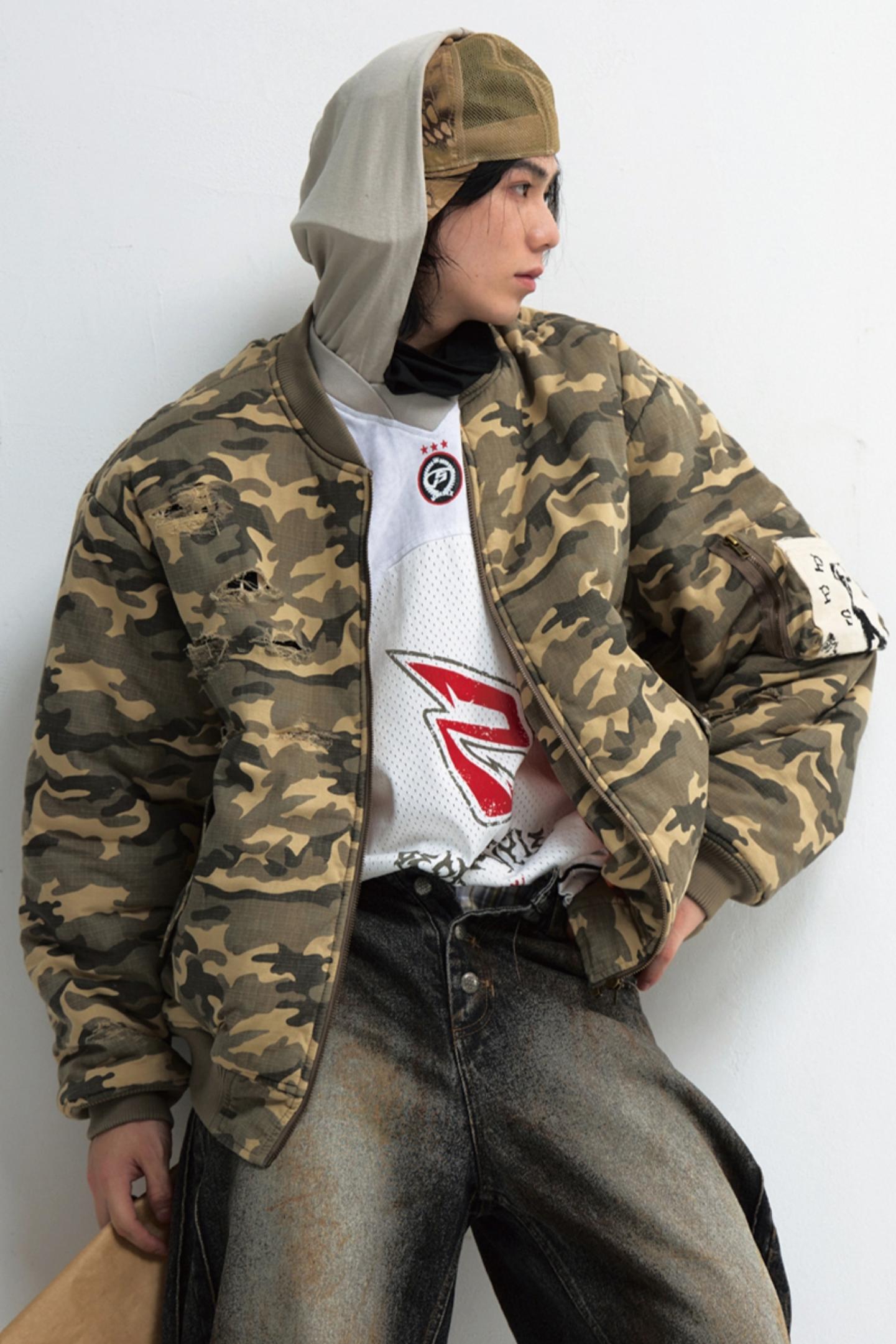 Punk Camouflage Ripped Flight Jacket