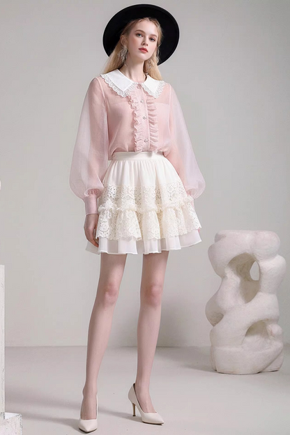 Pink Snow Doll Collar Shirt Set-Up