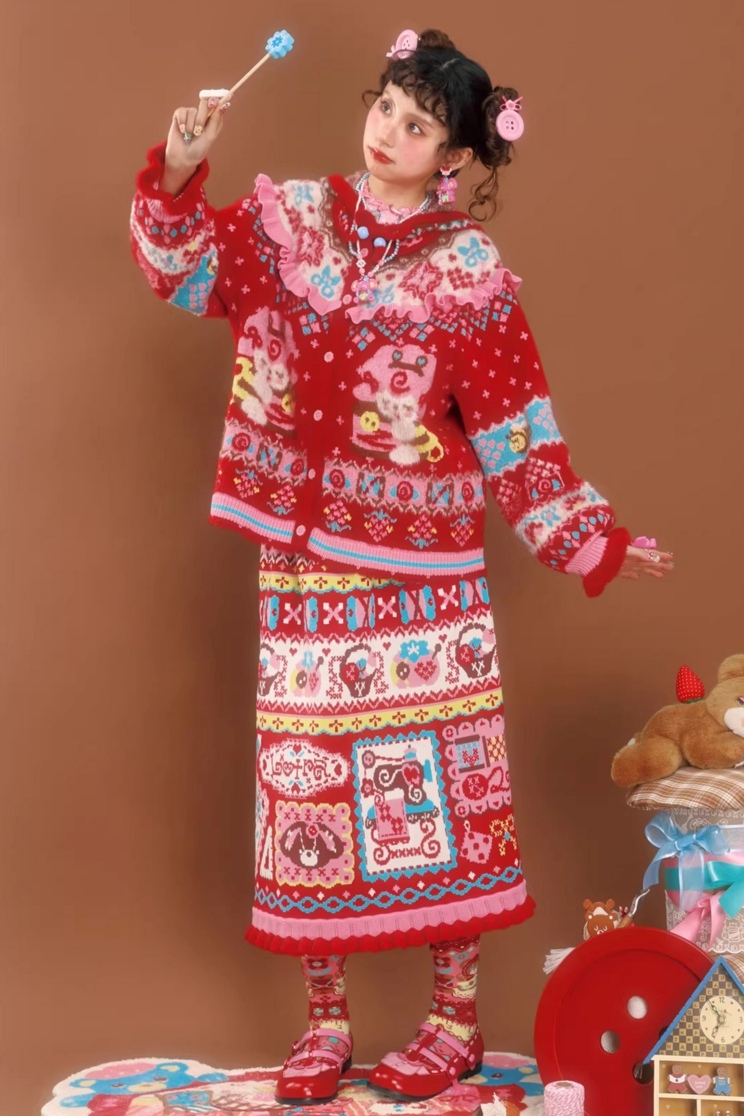 Rote Jacquard-Spitzenstrickrock