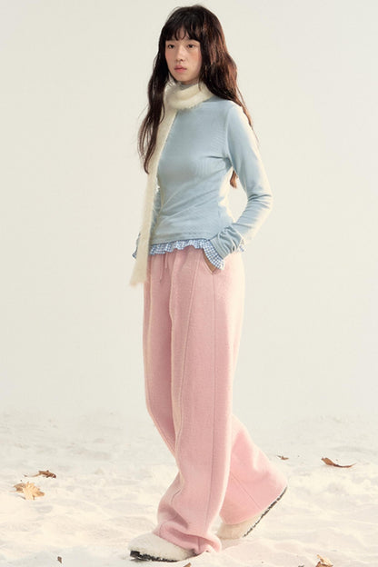 Pink Woolen Drawstring Casual Pants