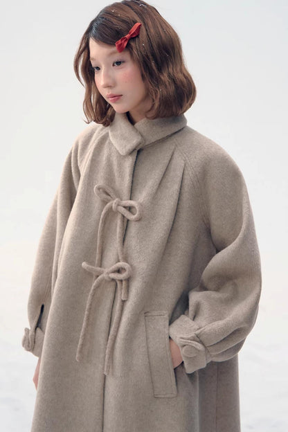 Retro Oatmeal Woolen Bow Coat
