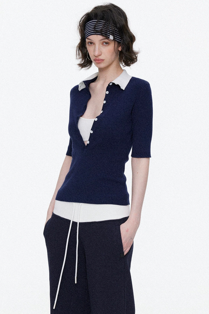 Lyocell Color-Blocked Fake Two-Piece Knit Top