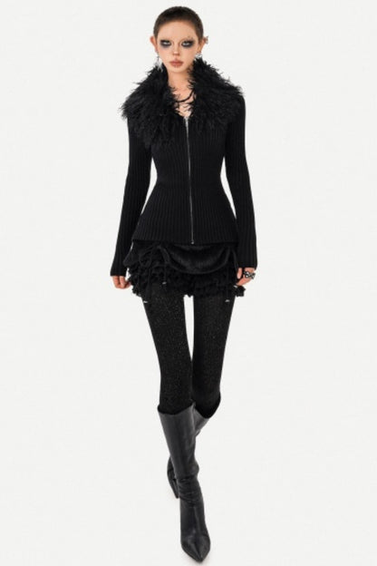 Black Fur Collar Knitted Cardigan