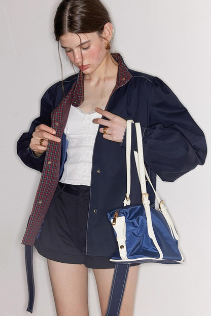 Vintage Navy Blue Patchwork Check Jacket