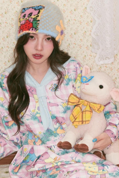 Blue Rabbit Flower Knitted Hat