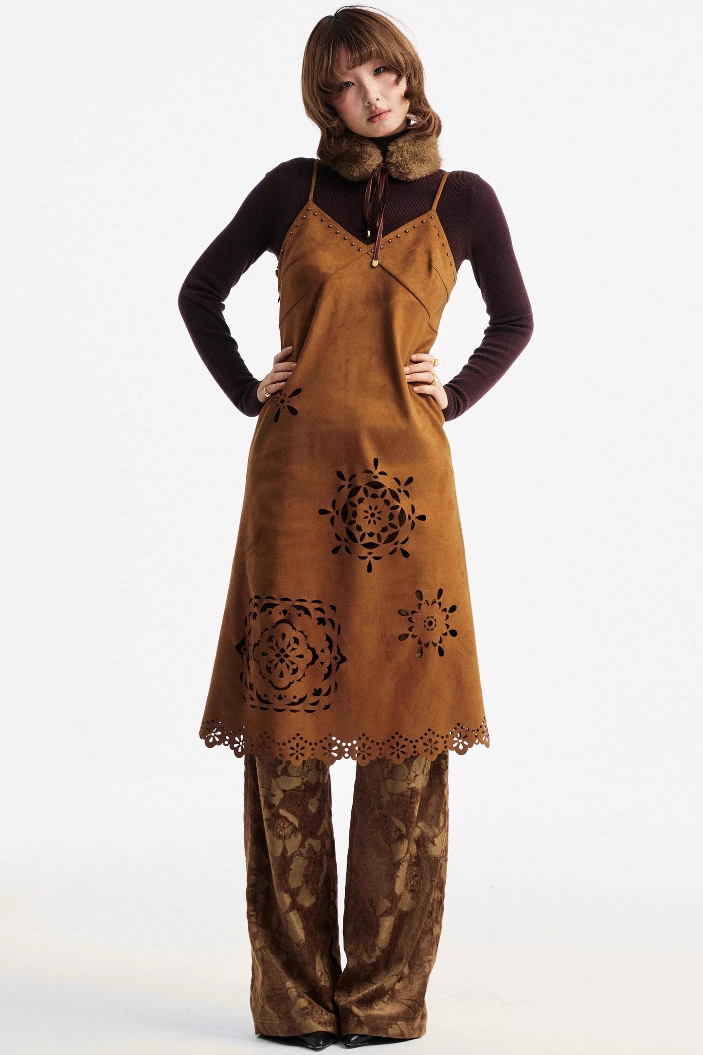 Brown Floral Jacquard Pants