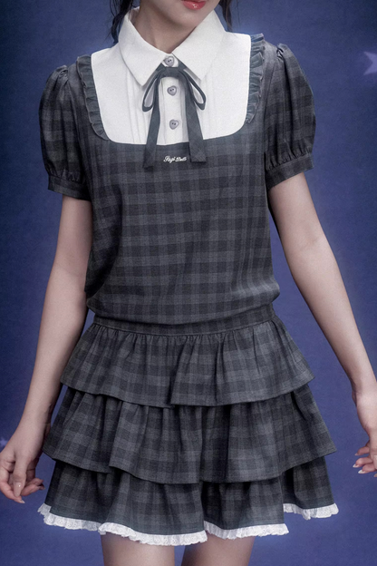 Gray Plaid College Dress Set-Up