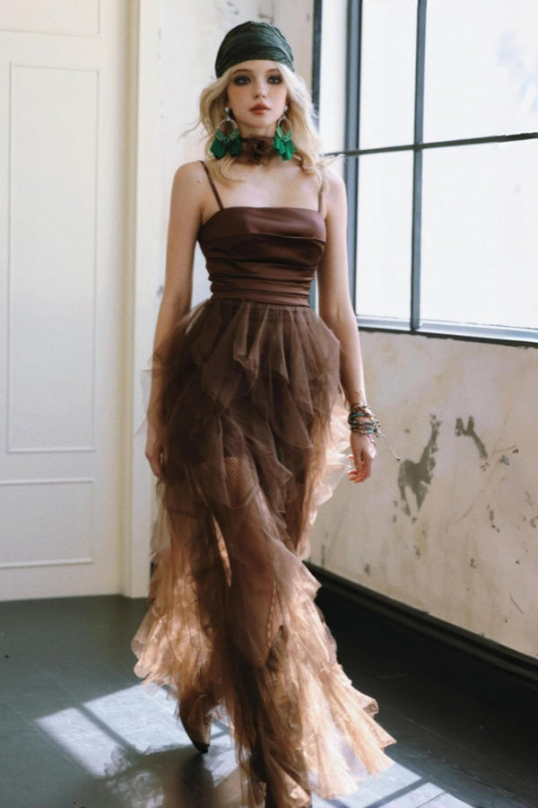 Chocolate Satin Halter Dress