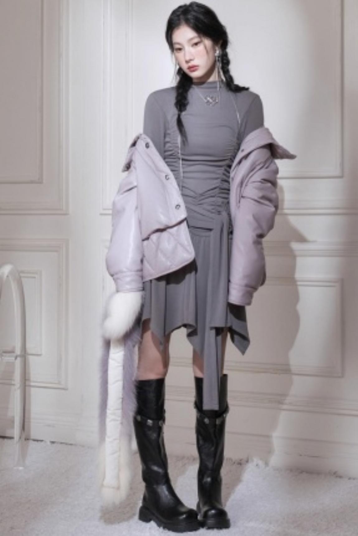 Pleated Turtleneck Dress