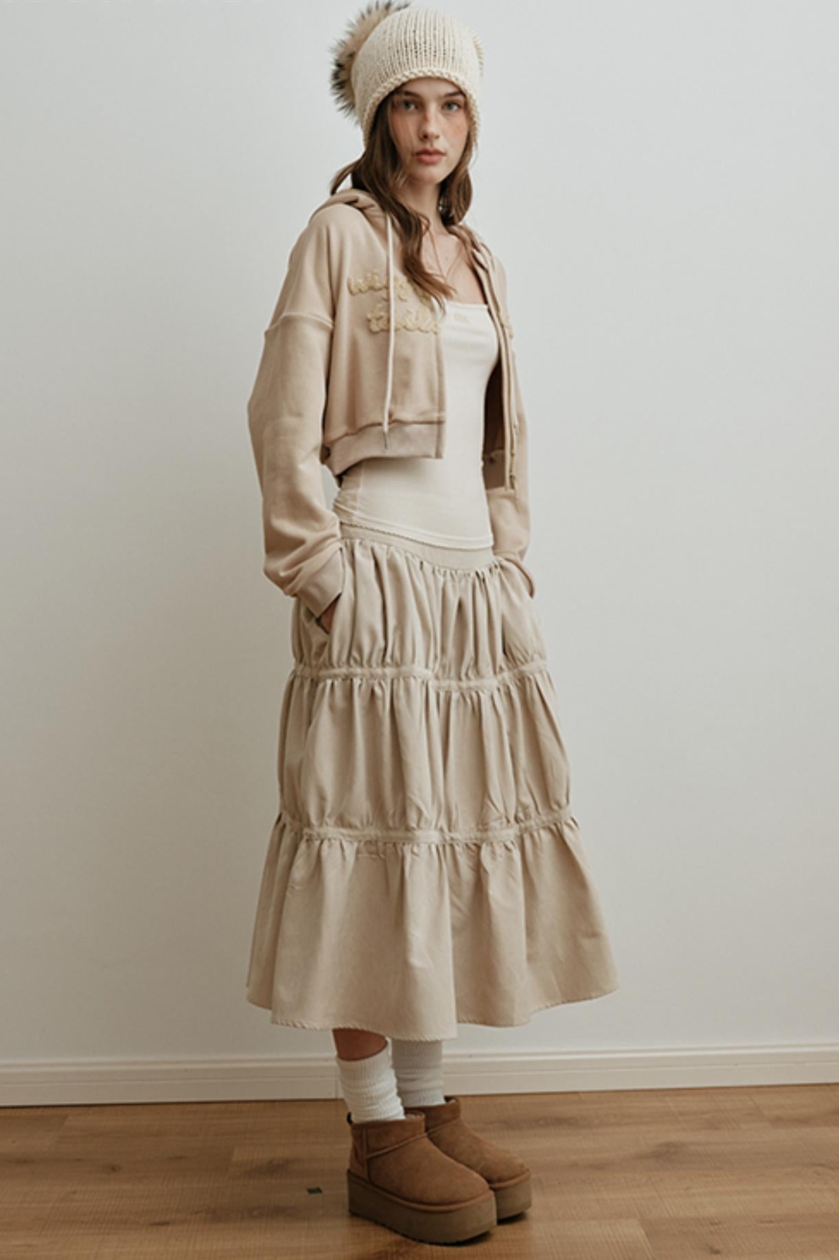 American Retro Suede Spliced Belt Umbrella Skirt