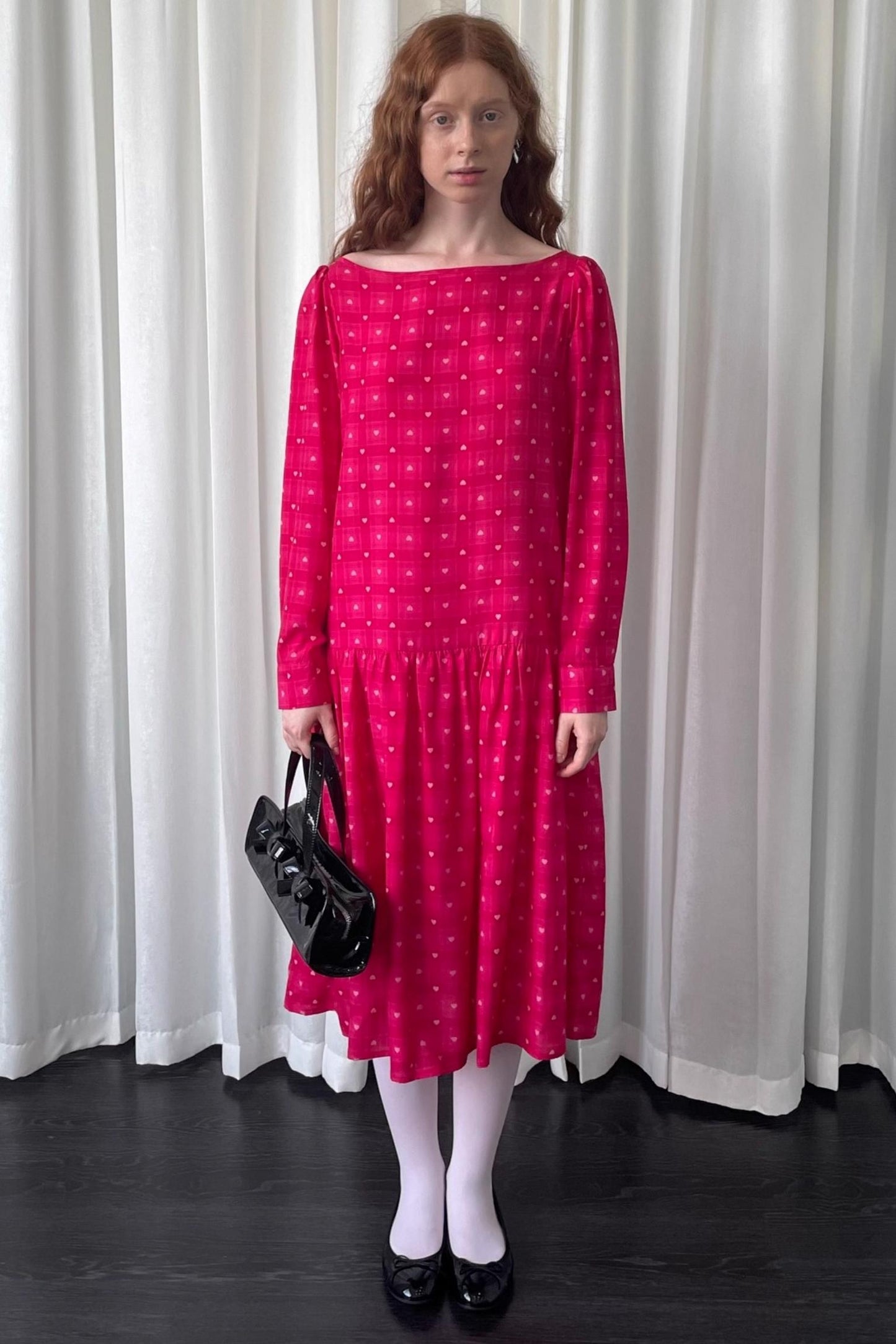 Smell Love Bow Rose Red Plaid Long Sleeve Dress