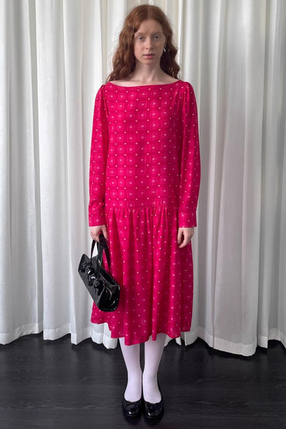 Smell Love Bow Rose Red Plaid Long Sleeve Dress