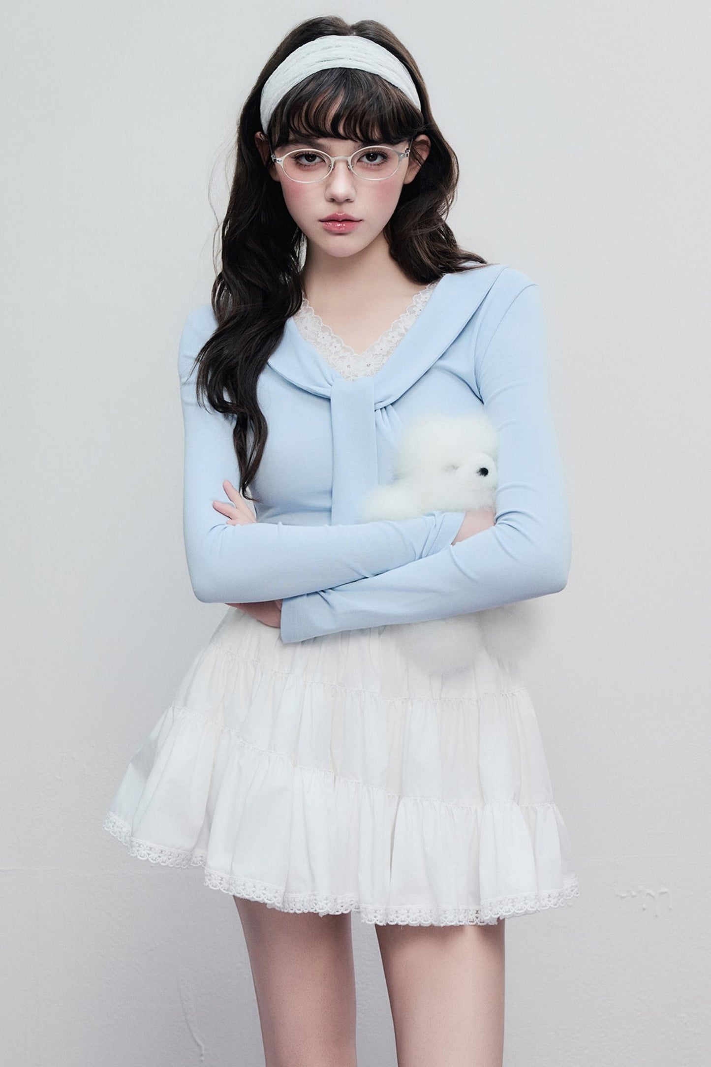 Korean Lace Trim Tie Neck Sweater