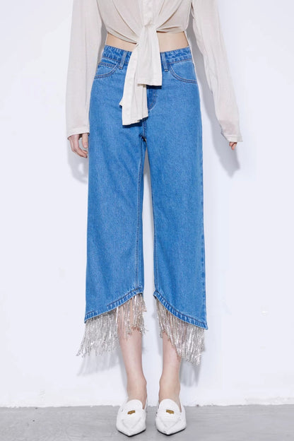 Rhinestone Tassel Cropped Jeans