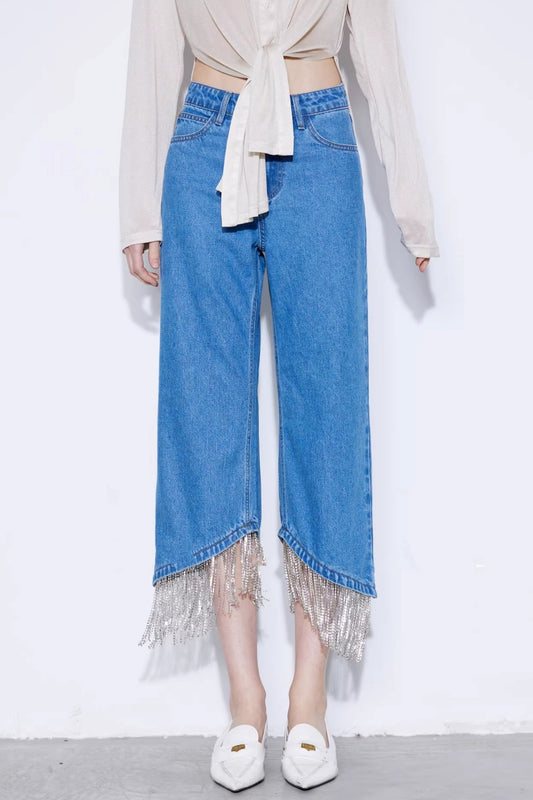 Rhinestone Tassel Cropped Jeans