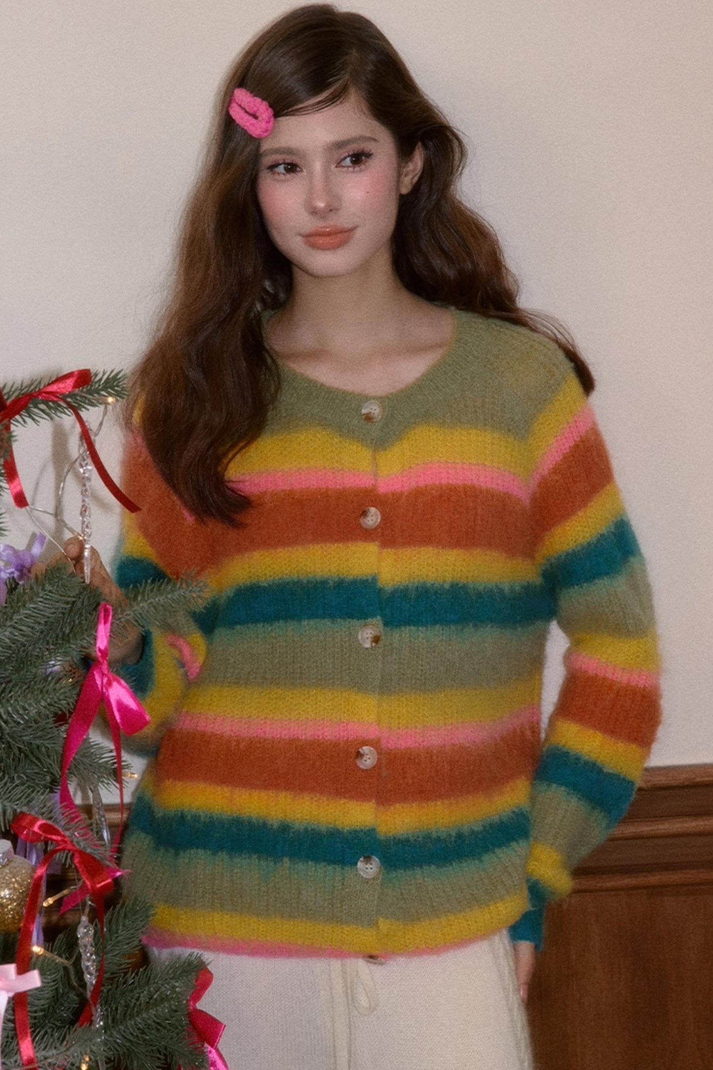 Fleece Rainbow Stripe Cardigan