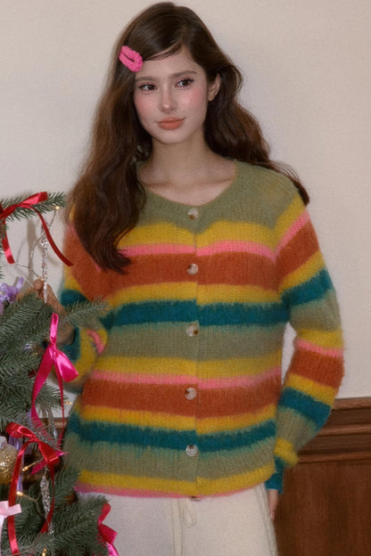 Fleece Rainbow Stripe Cardigan