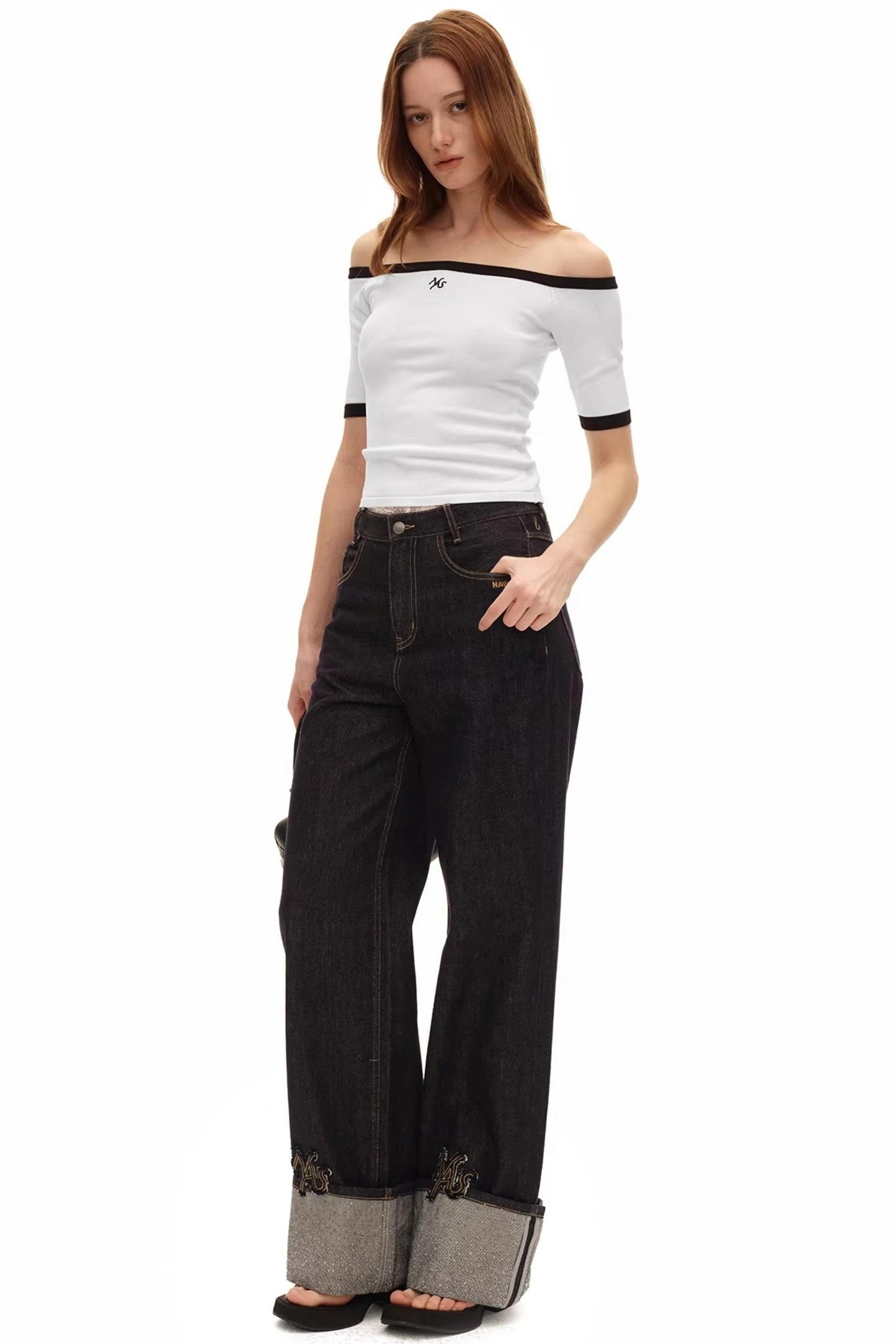 Off-Shoulder Contrast Knit Top