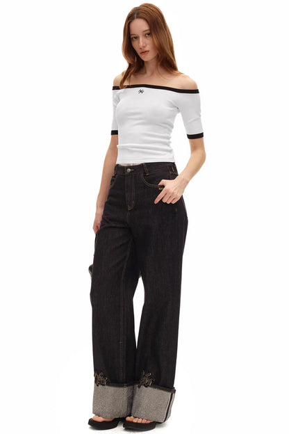 Off-Shoulder Contrast Knit Top
