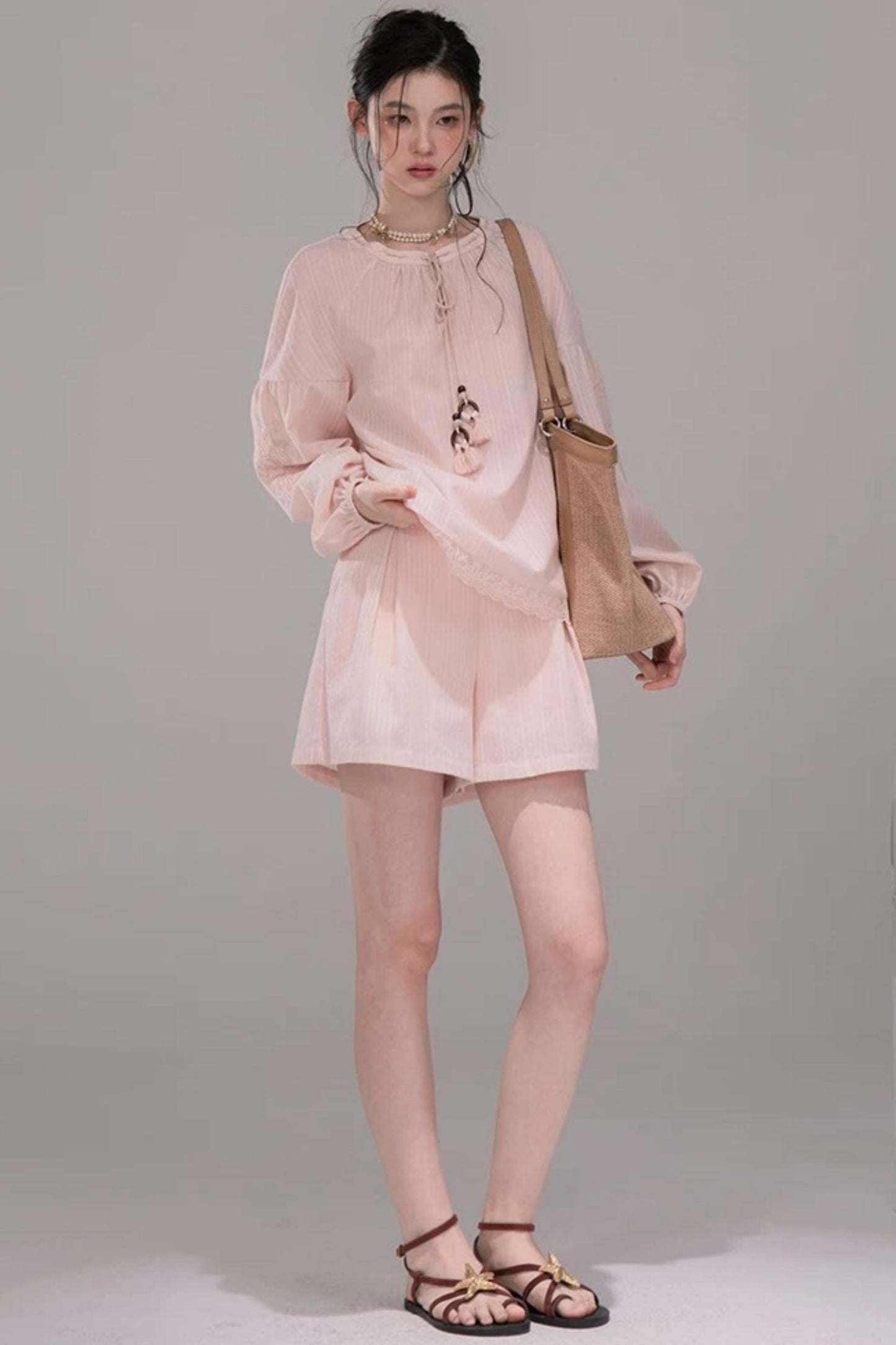 Cloud Peach Embroidered Striped Shirt Set-Up