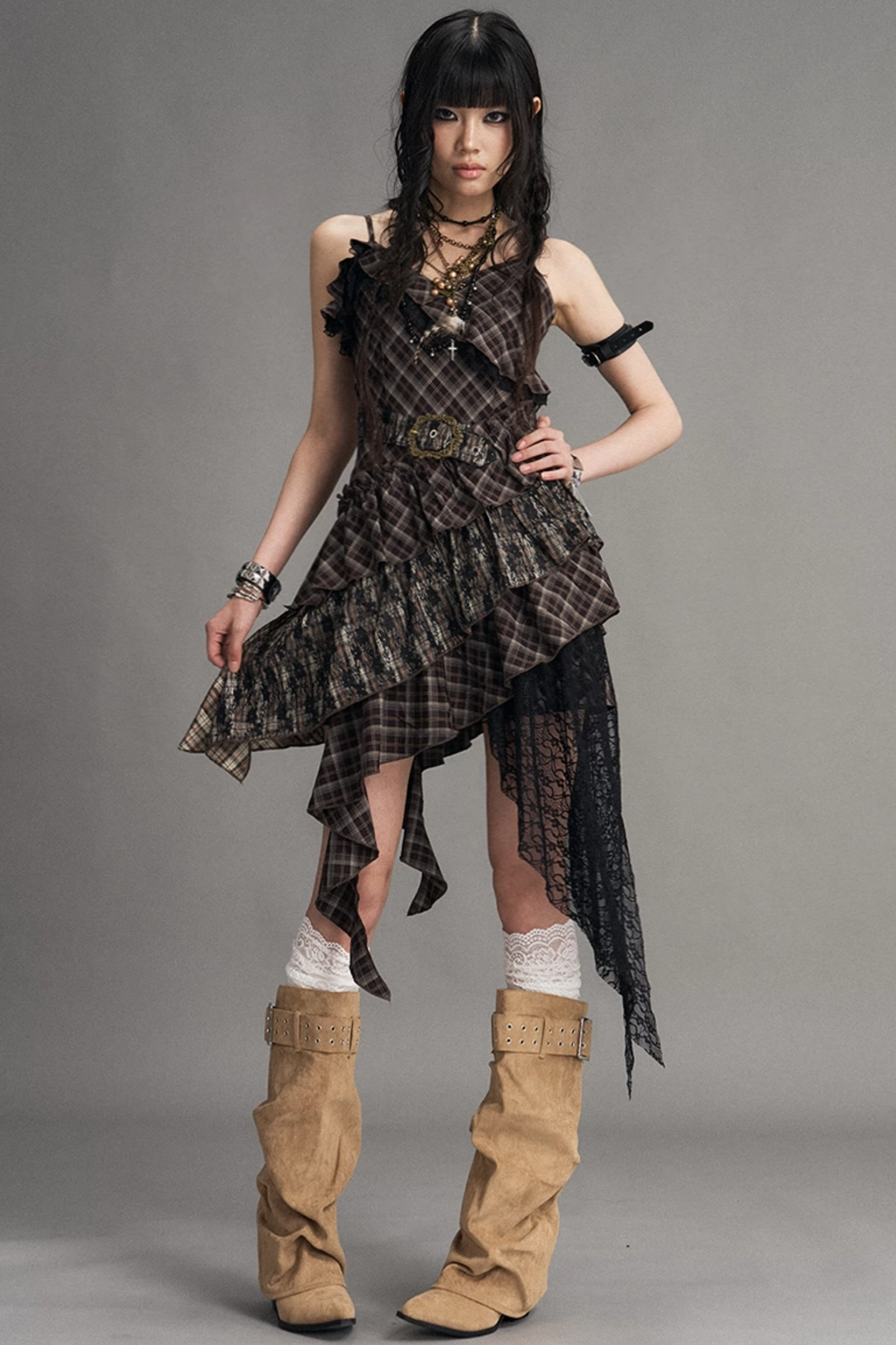 Retro Irregular Plaid Dress