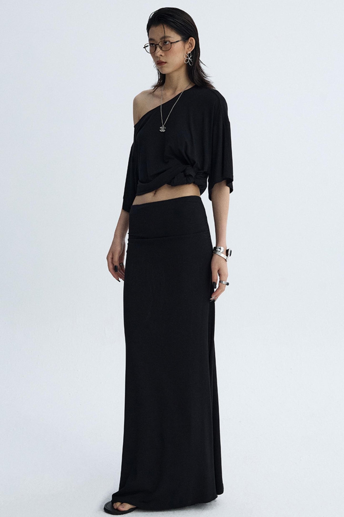 Black Draped Maxi Skirt